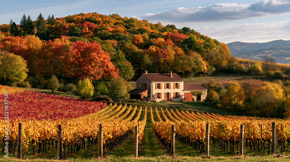 Fototapeta premium a serene countryside scene during autumn. A quaint, twostory house with a redtiled roof and white walls is nestled among a lush vineyard. The vineyard is bordered by rows of grapevines.
