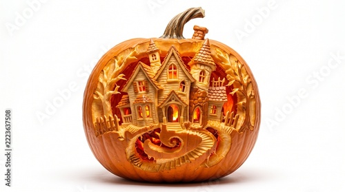 Carved pumpkin with miniature haunted house scene for halloween