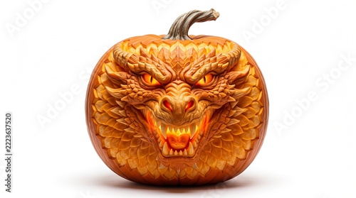 Intricately carved pumpkin with a detailed dragon face design for