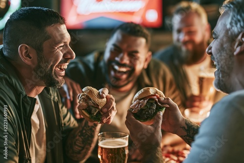 Group of cheerful male friends eating burgers and drinking beer together at a pub