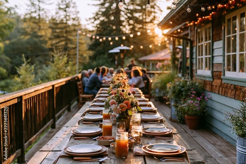 Long rustic outdoor wooden dining table set for an evening dinner party in sunset light