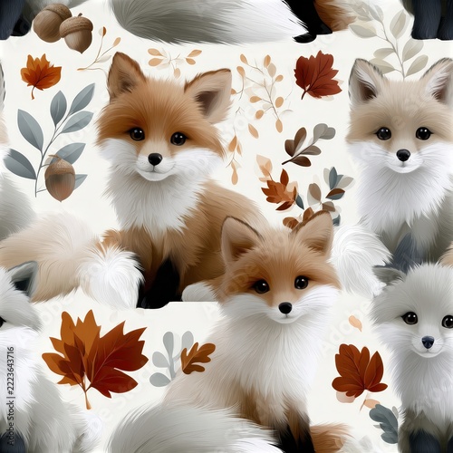 Large friendly fox cubs sit on a soft cream background with scattered autumn leaves and acorns in this cute pattern SEAMLESS PATTERN