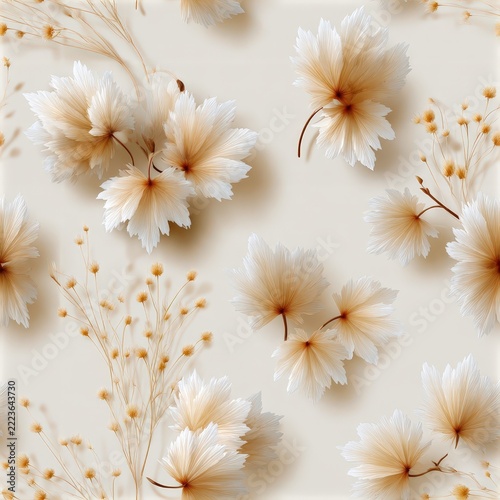 Seamless pattern features light beige maple leaves and soft branches on a warm ivory background. Ideal for advertising SEAMLESS PATTERN