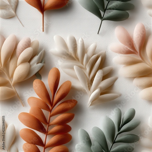 A seamless pattern features softly painted leaves in pastel colors on a warm white background, perfect for autumn decor SEAMLESS PATTERN