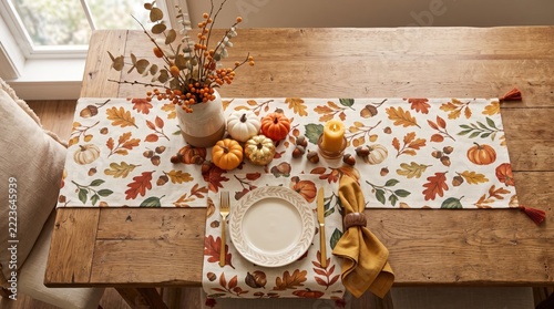 Autumn leaf patterned table runner laid across a rustic wooden dining table, seasonal textile, fall decor, Thanksgiving.