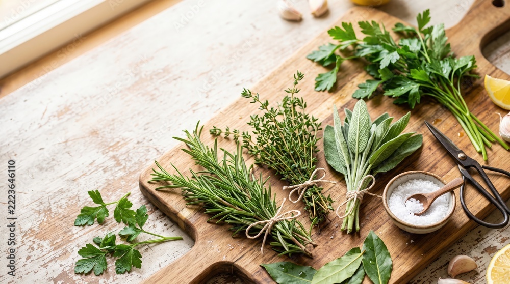 Fototapeta premium Bundles of fresh culinary herbs and loose leaves on a rustic kitchen worktop, cooking ingredients, aromatic seasoning, Thanksgiving.