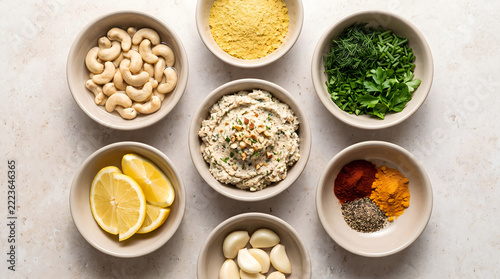 Delicious homemade vegan cheese balls recipe ingredients in bowls, healthy plant-based dairy alternative food
