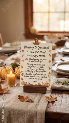 Giving thanks card displayed on a Thanksgiving dinner table with family in the background, family gratitude, holiday tradition, festive gathering.