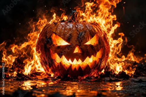 Glowing Halloween pumpkin surrounded by curling orange flames in darkness