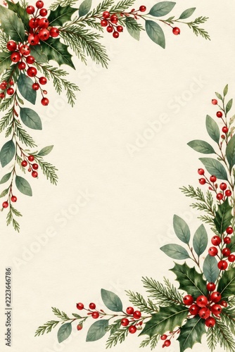 Botanical holiday card with painted green leaves and bright red berries
