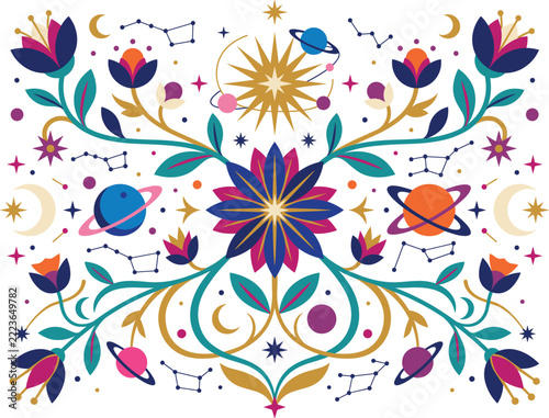 Mystical Celestial Garden with Planets Stars and Flowers Folk Art
