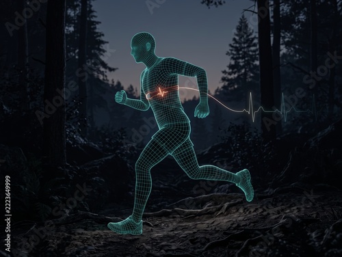 Glowing teal wireframe human figure running on a dark forest trail at dusk with a chest strap heart rate monitor and a glowing pulse line, wearable health tracking concept