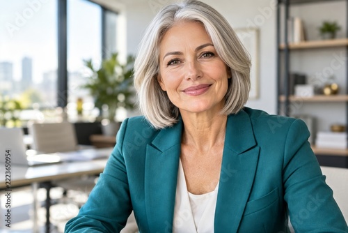 Successful mature businesswoman smiling confidently in a bright modern office