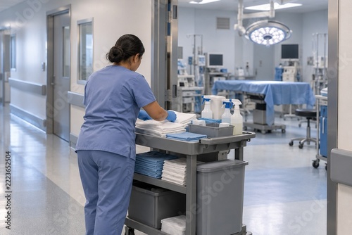 Worker organizing towels and bottles on a hospital cleaning cart
