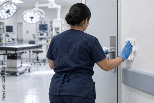 Worker wiping the door and handle of an operating room