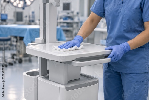 Gloved worker wiping the shelf of a medical equipment stand