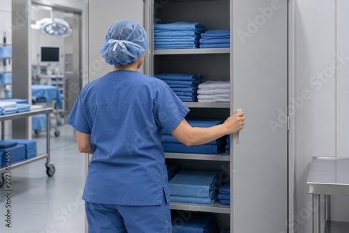 Worker opening a cabinet filled with folded hospital linen