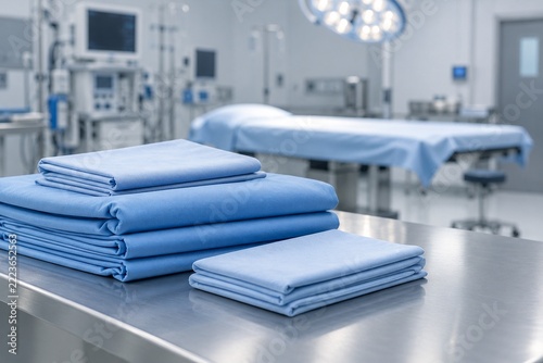 Folded blue linen stacked on a metal table in an operating room