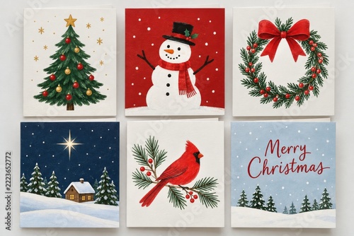 Six simple Christmas greeting cards with traditional winter illustrations