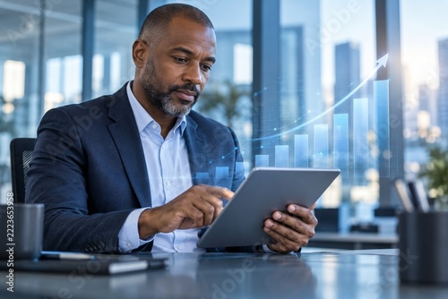 Businessman analyzing sales growth on a tablet with abstract charts