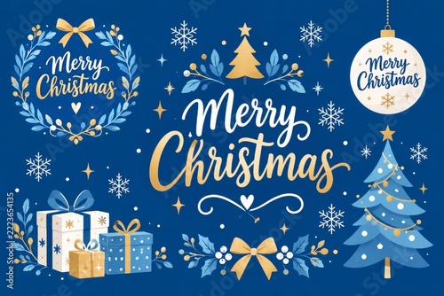 Modern Christmas lettering and festive decorative elements on blue background