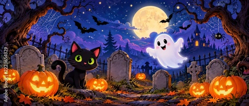 Cute Halloween graveyard with a black cat friendly ghost and glowing pumpkins