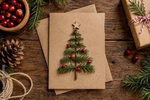 Handmade Christmas Tree Card with Fir Sprigs and Red Berries on Kraft Paper