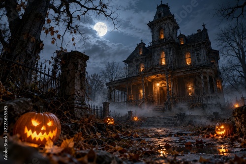 Moonlit haunted Halloween house with glowing pumpkins and drifting mist