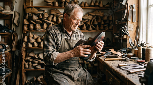 Shoemaker Working on Shoe in Workshop