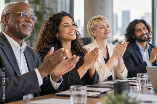 Business colleagues applauding together during a positive team meeting