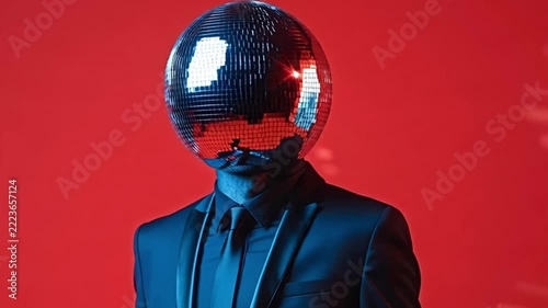 Unique person with a mirror disco ball instead of a head wearing a formal black suit and dancing under blue light in a studio with a vibrant red background for a cool party concept