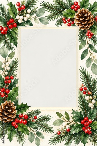 Vertical Christmas Photo Card Frame with Festive Foliage and Golden Border