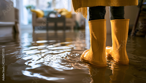 Water spreads over the floor as someone wears yellow boots in a flooded room