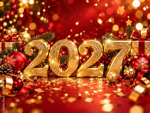 2027 New Year Celebration with Golden Numbers, Christmas Decorations, Red Background and Festive Bokeh Lights