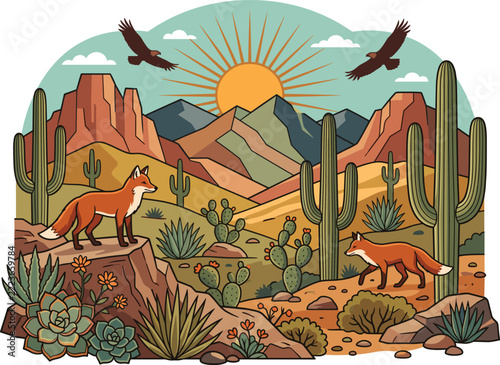 Retro Desert Landscape Illustration with Wild Foxes and Cacti