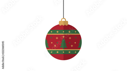 Red christmas bauble with christmas tree pattern isolated on transparent background