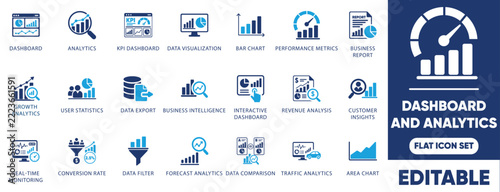 Dashboard and analytics data visualization flat icon set