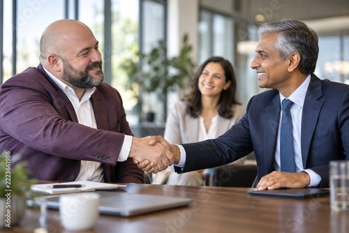 Smiling business partners shaking hands during a welcoming office meeting