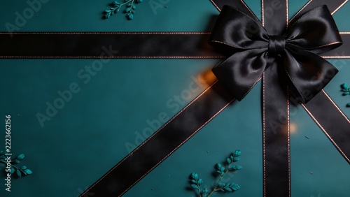 Black ribbon and bow on teal background for elegant gift wrapping display.