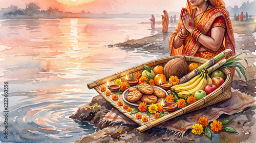 Elegant fine-art watercolor close-up of a traditional Chhath Puja soop resting besidey