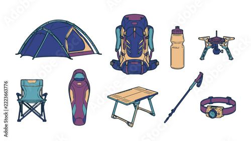Camping and Hiking Equipment Set Vector Line Art Illustration Outdoor Adventure Gear and Backpacking Essentials