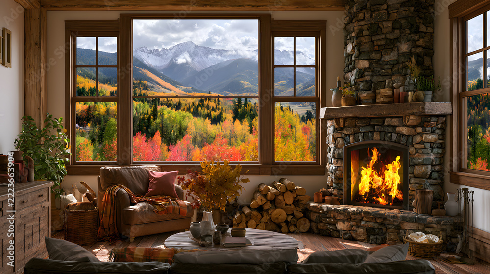 Naklejka premium Cozy cabin living room with a fireplace ablaze and a breathtaking autumn mountain vista make for an attractive backdrop, whether you're using it as a virtual meeting setting, a background for MS Teams