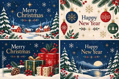 Christmas and New Year illustration set with winter scenes ornaments and gifts