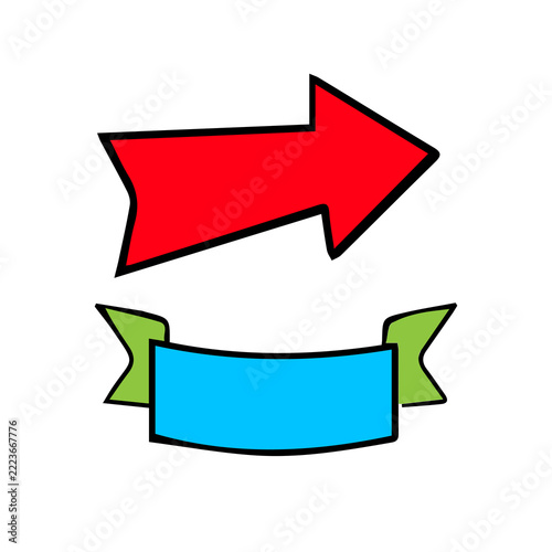 Red Directional Arrow and Blue Ribbon Banner Graphic Design Elements