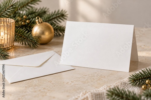 Blank folded holiday greeting card with white envelope and evergreen accents