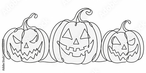 Continuous black line drawing of three spooky Halloween pumpkin faces