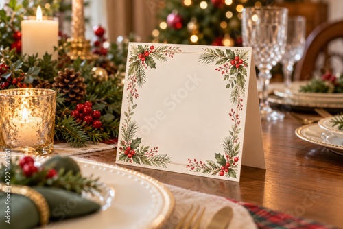 Christmas Table Tent Card Mockup with Botanical Border on a Festive Table