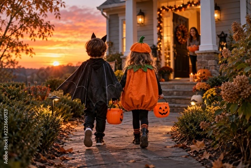 Two children in bat and pumpkin costumes walking toward a house at sunset