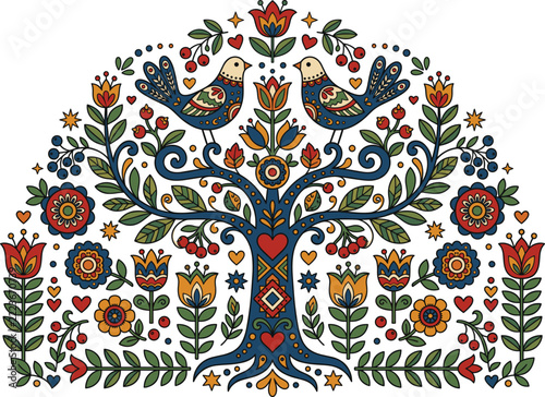 Symmetrical folk art tree of life with birds and floral ornaments