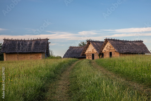 Thatched Cottages in Rural Countryside with Dirt Path and Wildflower Meadow at Sunset, Sopot culture, Vinkovci, Croatia